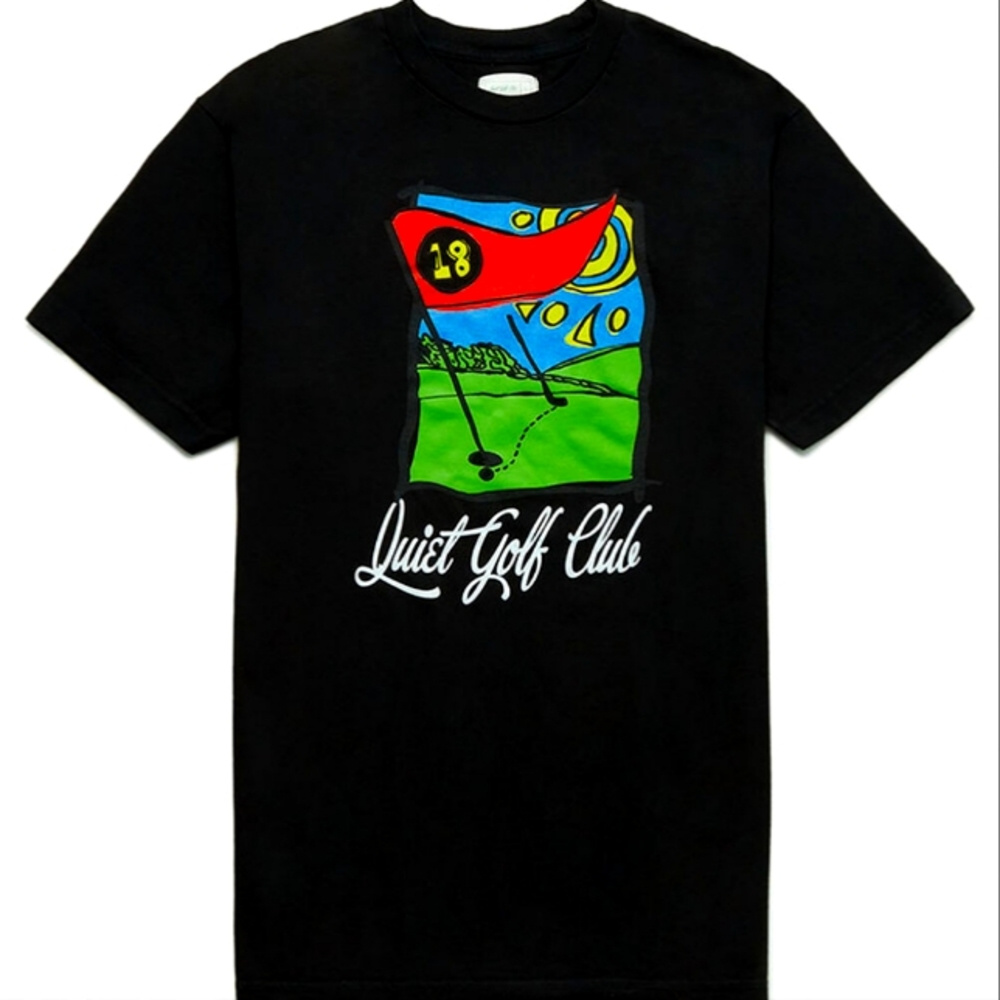 QUIET GOLF Eighteenth Hole T-Shirt, Medium & Small, Black.